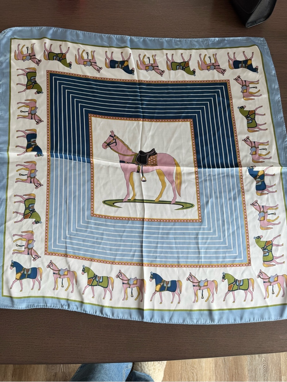Vintage Equestrian Horse Print Satin Scarf Blue Pink Green Square Riding Motif